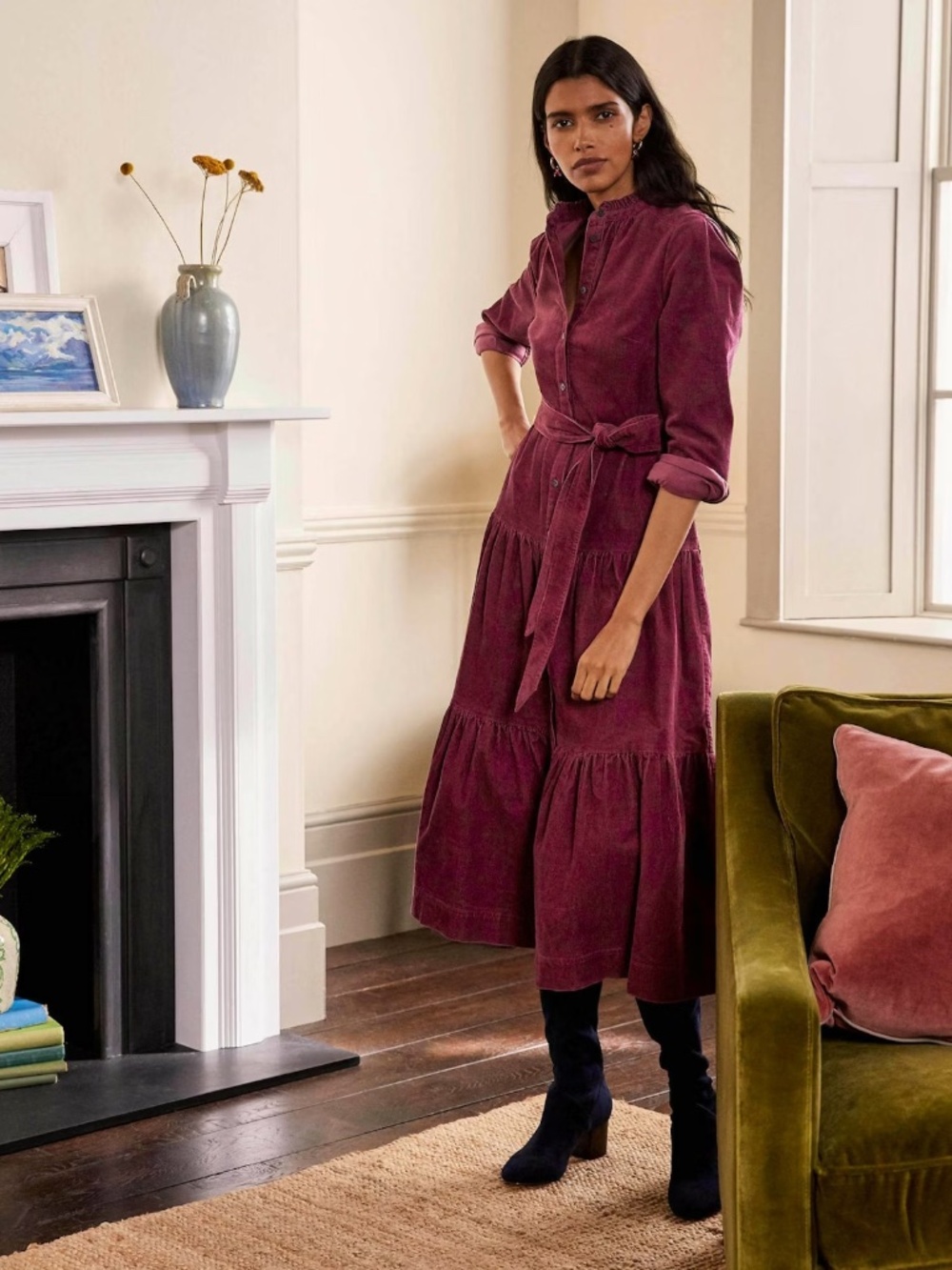 Boden Burgundy Long Tiered Dress with Waist Tie